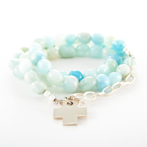 Aquamarine Wrap Bracelet with Sterling Silver Cross.