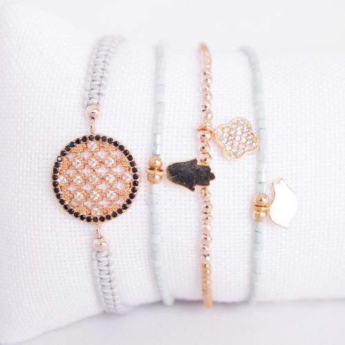 French Multi Bracelet with Pale Blue Strands & Rose Gold Charms