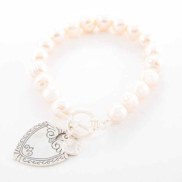 Freshwater Pearl Bracelet with Sterling Silver Sheild & Small Heart