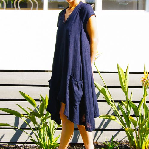 Navy Mia Linen Dress with Capped Short Sleeves.