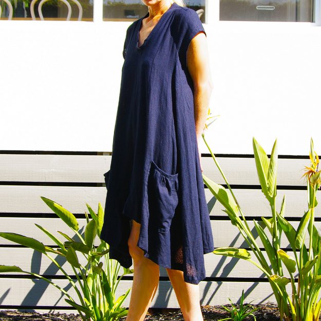 Navy Mia Linen Dress with Capped Short Sleeves