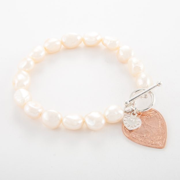 Freshwater Pearl Bracelet with Rose Gold Double Flat Heart