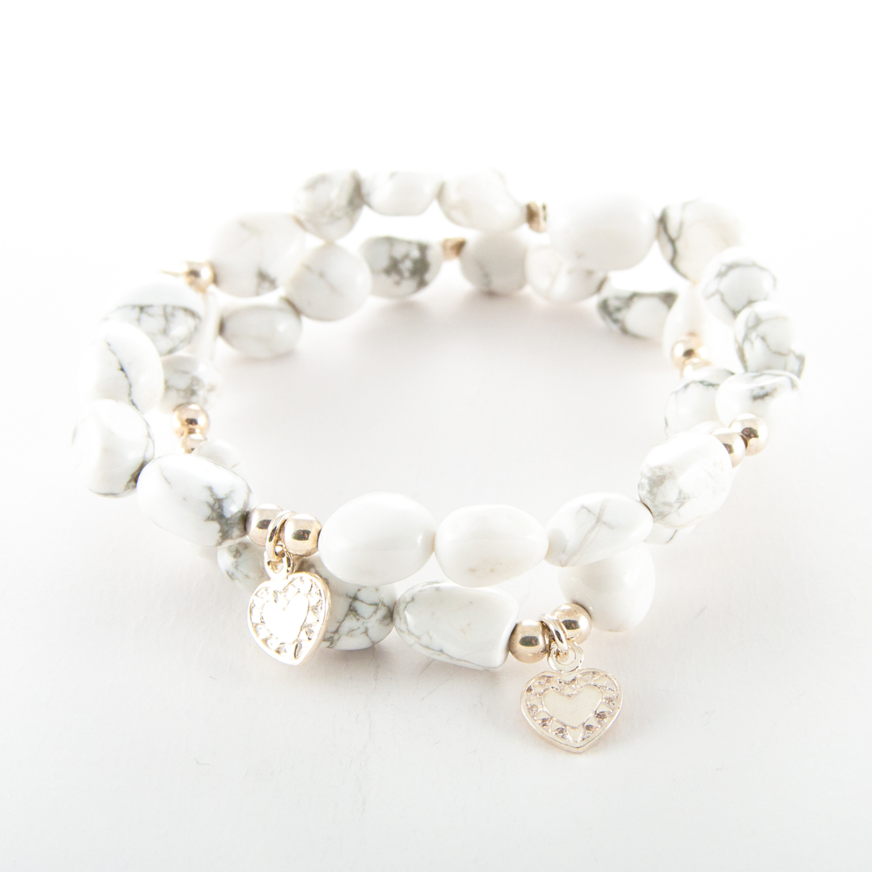 White Marble Howlite Stone Bead Bracelet with Silver Bar and