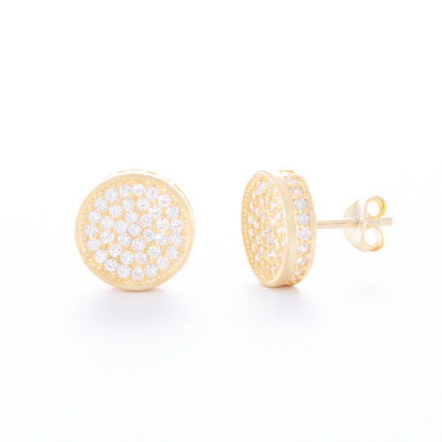 Our Circular Gold Cubic Zirconia Stud Earrings. Shown here, with numerous small, stunning CZ on the front face. As well as, set into the round outer frame. Also beautifully plated over 925 sterling silver. In short, there's a whole lot of fun in this little pair of gems! The perfect gift idea for that special someone or as an addition to any jewelry collection.