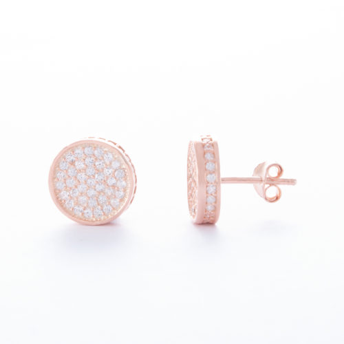 Our Circular Rose Gold Cubic Zirconia Stud Earrings. Shown here, with multiple small, sparkling CZ on the front face. As well as set into the frame. Beautifully plated over 925 sterling silver. In short, this pair of little gems are full of fun! The ideal addition to any jewellery collection or as a gift for someone special.