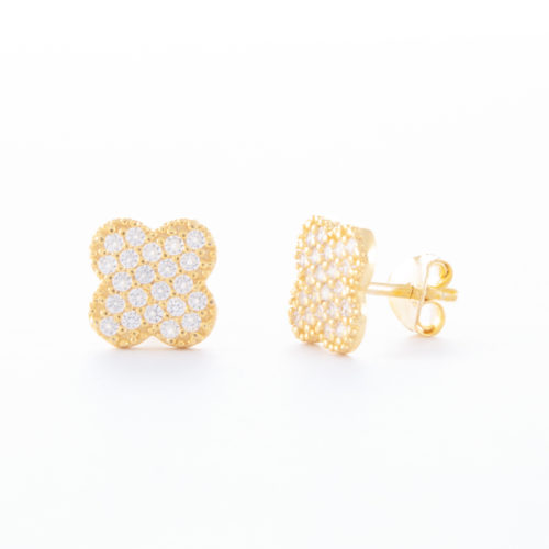 Our Gold Cubic Zirconia Clover Stud Earrings. Shown here, set with numerous small, stunning CZ on the four-leaved clover face. Beautifully plated over 925 sterling silver. In short, there's lots of luck in this little pair of gems! The perfect gift for someone special.