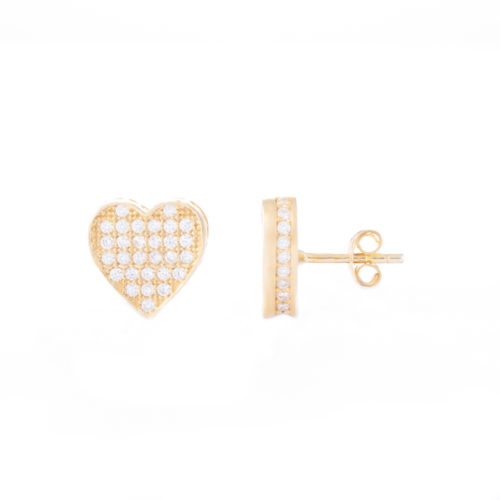 Our Gold Love Heart Cubic Zirconia Stud Earrings. Shown here, with numerous small, stunning CZ on the front face and set in the frame. Beautifully plated over 925 sterling silver. In short, there's twice the love in this little pair of gems! They are the perfect gift for that special someone.