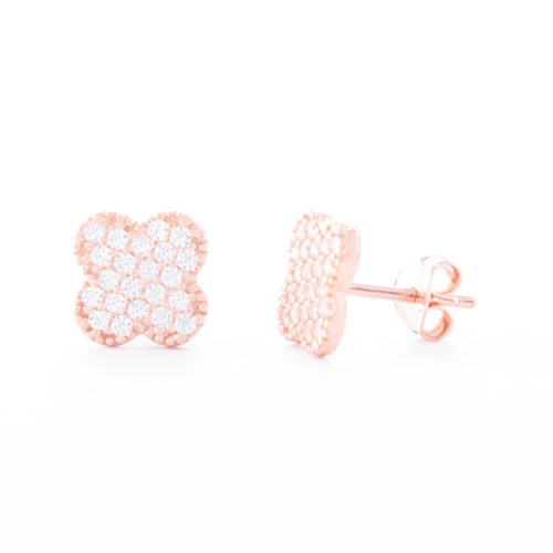 Our Rose Gold Cubic Zirconia Clover Stud Earrings. Shown here, beautifully plated over 925 sterling silver. With multiple small, sparkling CZ on the four-leaved face. In short, there's lots of luck in this little pair of gems! They are the perfect gift for someone special.