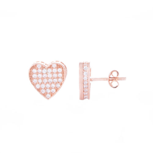 Our Rose Gold Love Heart Cubic Zirconia Stud Earrings. Shown here, with multiple small, sparkling CZ on the front face as well as set in the frame. Beautifully plated over 925 sterling silver. In short, there's double the love in this little pair of gems! They are the perfect gift for someone special.