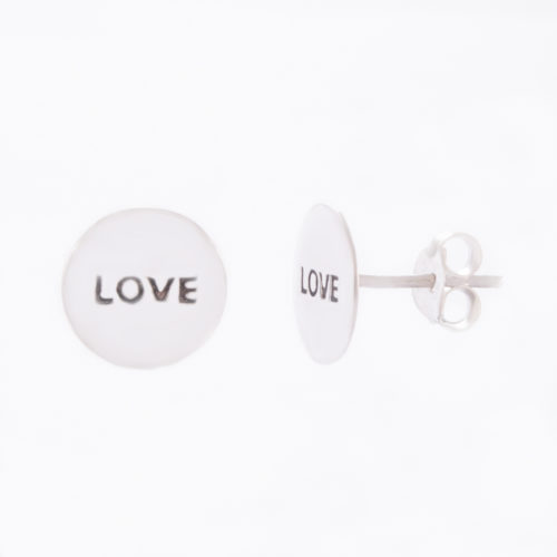 Our Sterling Silver Love Disc Stud Earrings. Shown here, with a stamped 10mm disc in stunning 925 sterling. In short, there's plenty of "LOVE" in this pair of little gems. They make a perfect special gift for someone extra special.