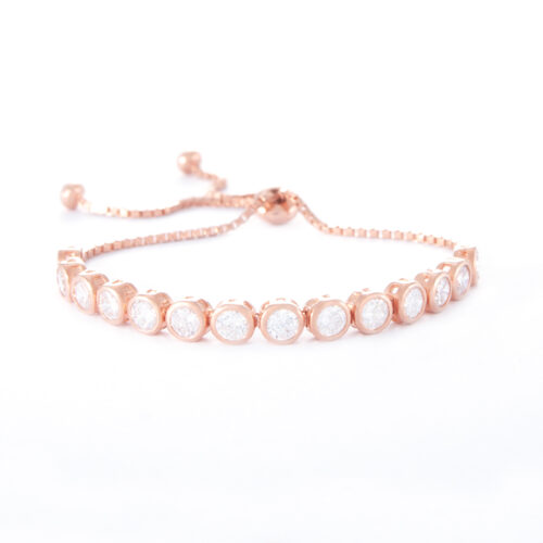 Our 4mm Rose Gold Cubic Zirconia Adjustable Tennis Bracelet. Shown here, plated over 925 sterling. as well as with numerous round sparkling CZ. In short, this is an amazing elegant piece. The ideal self-indulgent addition to your own jewellery collection. Or as a gift for someone special.