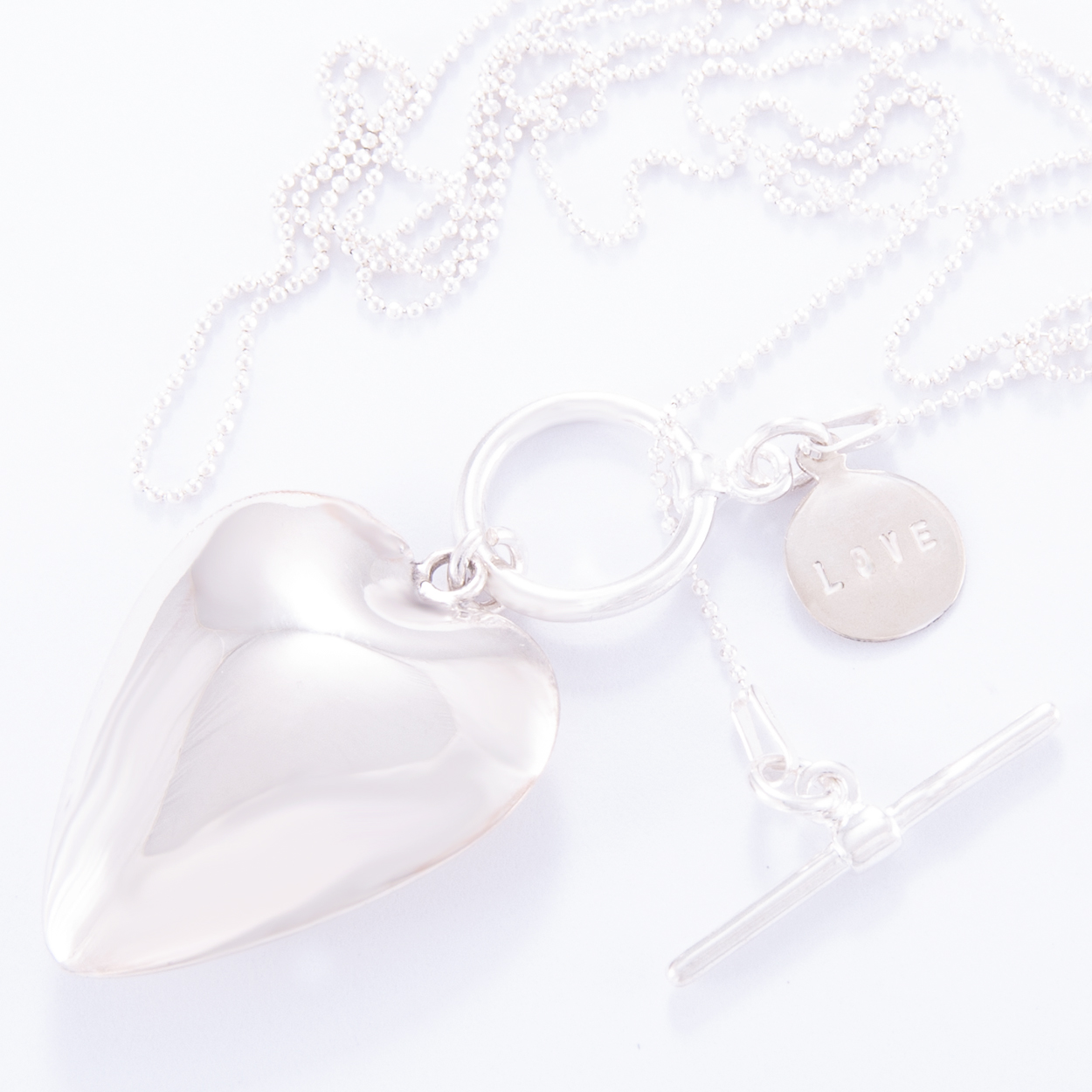 Long Fine Sterling Silver Ball Chain Large Puffed Heart Small Love Long Fine Sterling Silver Ball Chain Large Puffed Heart Small Love