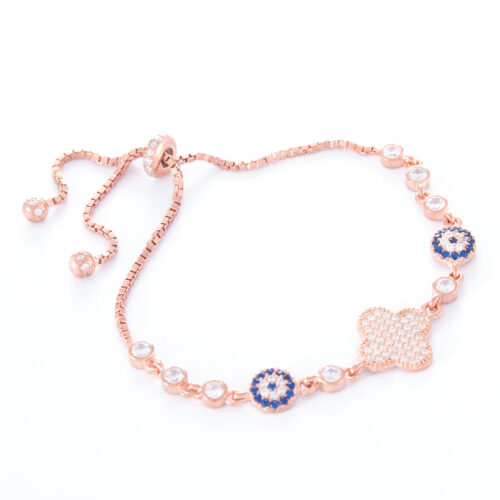 Our Rose Gold Lucky Adjustable Bracelet Lucky Protect Me. Shown here, beautifully plated over 925 sterling silver. With multiple petite CZ. As well as sapphire blue crystals and adjustable strands. In short, it's the ideal self-indulgent addition to your own jewelry collection. Or as a gift for someone extra special.