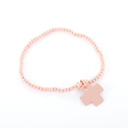 Our Rose Gold Flat Cross Ball Bracelet. Shown here, hand-made in rose plated over 925 sterling. A fun, beautiful piece. In short, it's the perfect gift for someone extra special. Or as a self-indulgent purchase for your own personal jewelry collection.