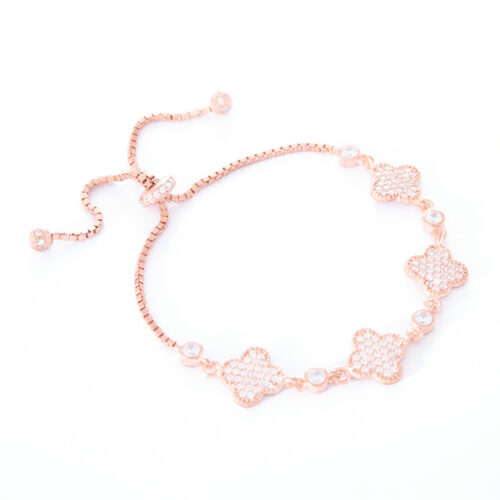 Our Rose Gold Lucky Adjustable Bracelet. Shown here, hand-made in rose plated 925 sterling. With multiple sparkling CZ. As well as four lucky clovers and adjustable strands. In short, it's ideal self-indulgent addition to any jewelry collection. Or the perfect gift for that someone extra special.