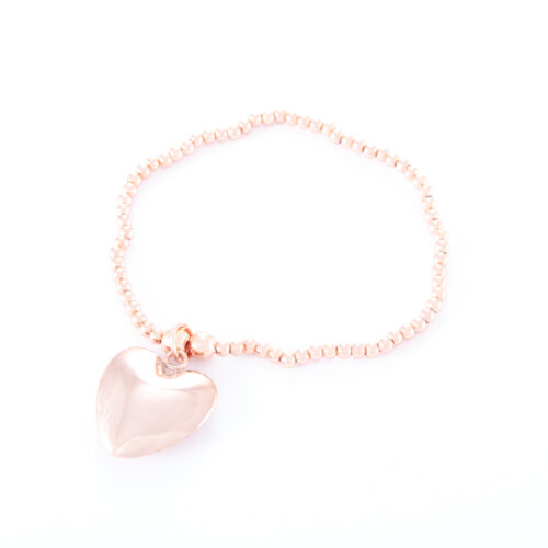 Our Rose Gold Puffed Heart Ball Bracelet. Shown here, hand-made in rose plated 925 sterling. There's lots of love in this beautiful piece. In short, it's ideal self-indulgent addition to any personal jewelry collection. Or as the perfect gift for that someone special.