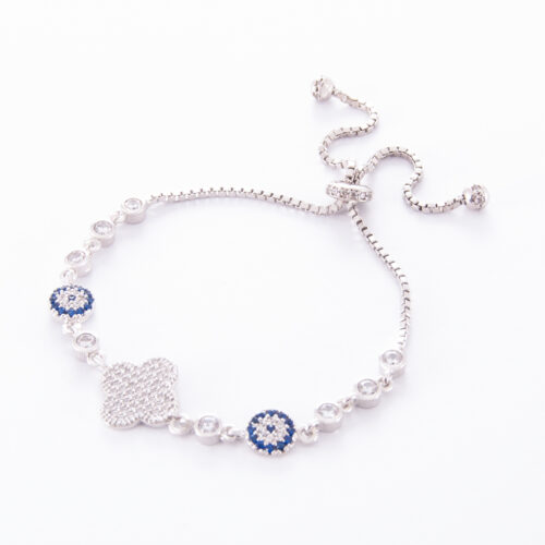 Our Sterling Silver Lucky Protect Me Cubic Zirconia Adjustable Bracelet. Shown here, in 925 sterling. With multiple petite CZ. As well as with sapphire blue crystals and adjustable strands. In short, it's the ideal gift for someone extra special. Or as an addition to your own jewelry collection.