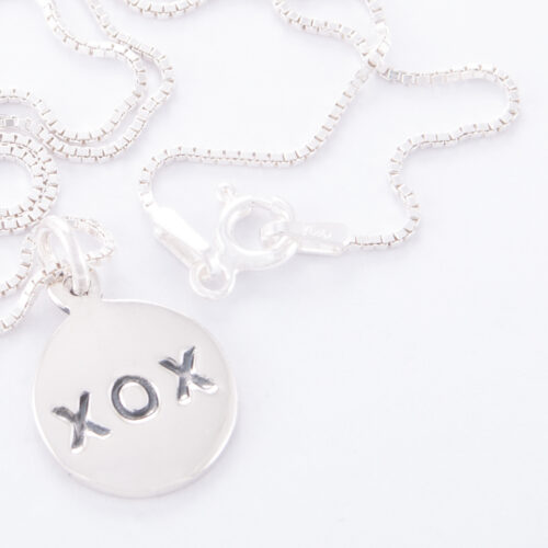 Sterling Silver Box Chain Kiss Hug Disc Necklace.