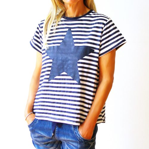 Navy & White Screen Printed Cotton Star T-Shirt.