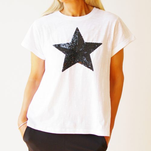 White Cotton Black Sequin Star T-Shirt.