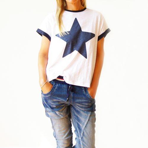 White Cotton Navy Star Trim T-Shirt.