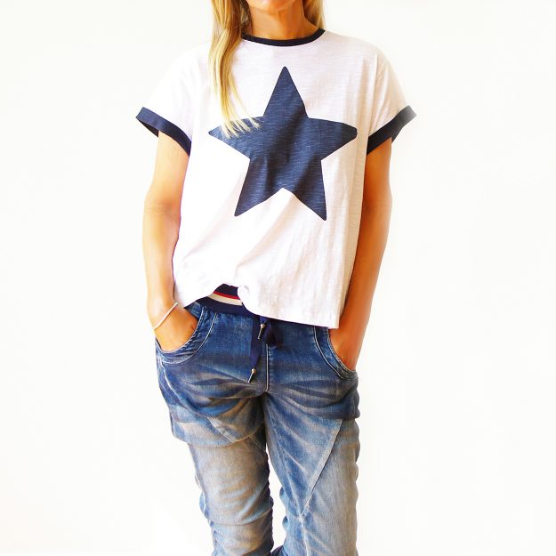 White Cotton Navy Star & Trim T-Shirt