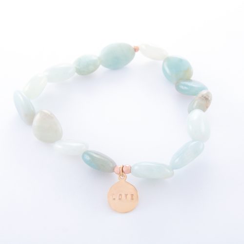 Our Amazonite Bracelet with Small Rose Gold Love Disc. Shown here, with a beautiful stamped love disc. Hand-made in pink gold over authentic 925 sterling. In short, this stunning piece is full of love and style. It’s the ideal gift for someone special. Or perfect as a self-indulgent purchase to add to your own jewelry collection.