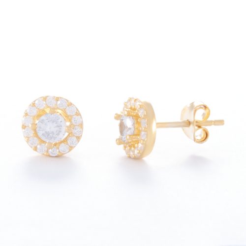 Our Cubic Zirconia Gold Halo Stud Earrings. Shown here, with one large CZ framed by numerous small, sparkling CZ's. Also, beautifully handcrafted in gold over authentic 925 sterling. In short, there’s lots of love in this little pair of gems! They are the perfect gift for that special someone. Or as a self-indulgent purchase to add to your own jewelry collection.