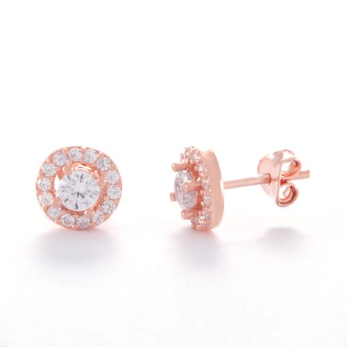Our Cubic Zirconia Rose Gold Halo Stud Earrings. Shown here, with one stunning large CZ surrounded by multiple small, sparkling CZ's. Also, beautifully handcrafted in pink gold over authentic 925 sterling silver. In short, this pair of little gems are full of sparkle and fun! The ideal self-indulgent addition to any jewelry collection. Or as the perfect gift for someone super special.