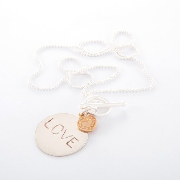 Sterling Silver Ball Chain Love Disc Necklace