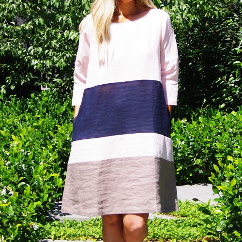 Piper Blush Navy Mocha Linen Dress.