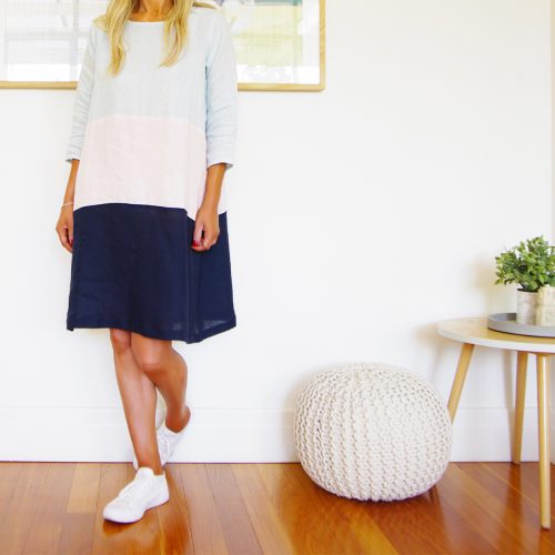 Piper Sky Blush Navy Linen Dress.