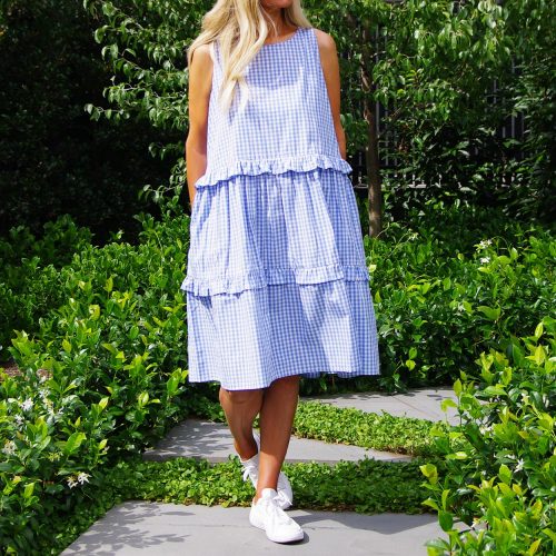 Our Rosie Cornflower Blue and White Gingham Dress. Is an absolute stunner. Shown here, sleeveless with an airy full skirt and comfy side pockets. As well as, gorgeous frill detailing. Furthermore, our stunning Rosie offers a free size relaxed fit for ladies 10 to 16. In short, it’s the perfect self-indulgent purchase to add to your wardrobe. Or as the ideal gift for someone special.