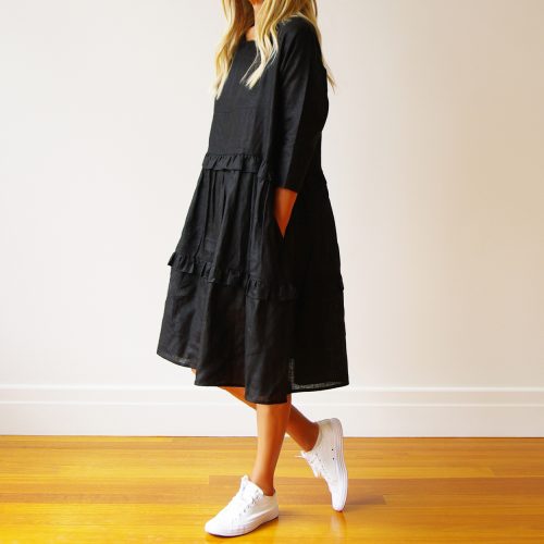 Rosie Long Sleeve Black Linen Dress (Side).