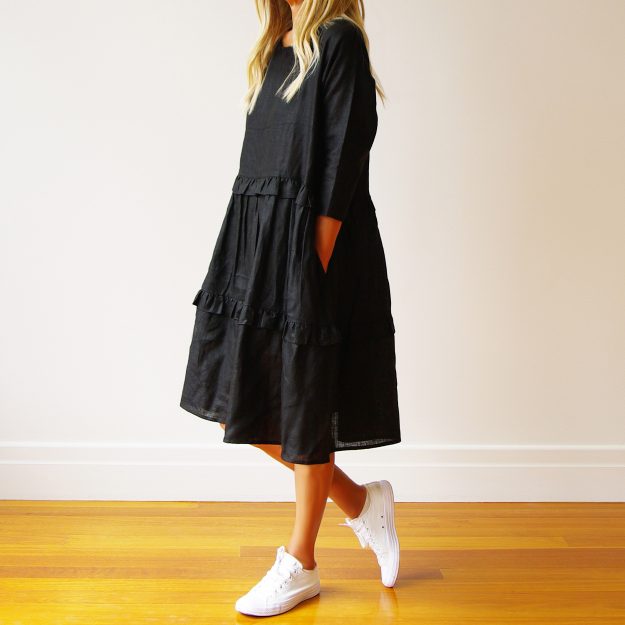 Rosie Long Sleeve Black Linen Dress