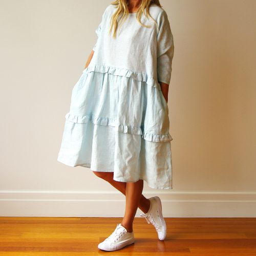 Rosie Long Sleeve Sky Blue Linen Dress (Front).