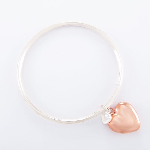 Sterling Silver Bangle with Rose Gold Puffed Heart