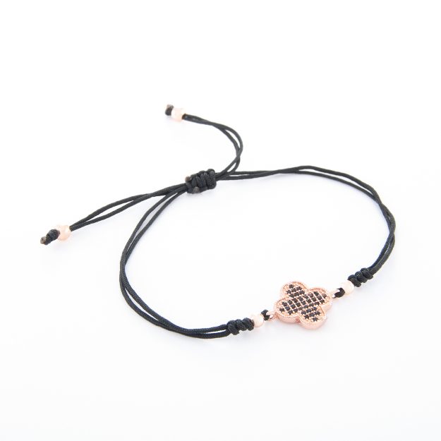 Boho Adjustable Bracelet with Rose Gold and Jet Bead Clover