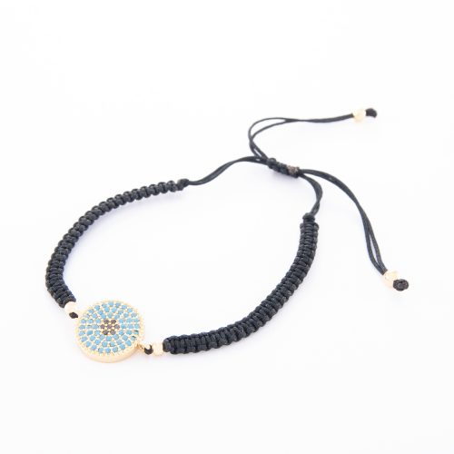 Boho Adjustable Plated Cord Bracelet with Gold Disc and Turquoise Jet Beads.