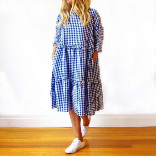 Cassi Gingham Dress Blue and White.