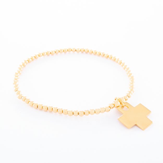 Gold Sterling Silver Ball Bracelet with Flat Cross