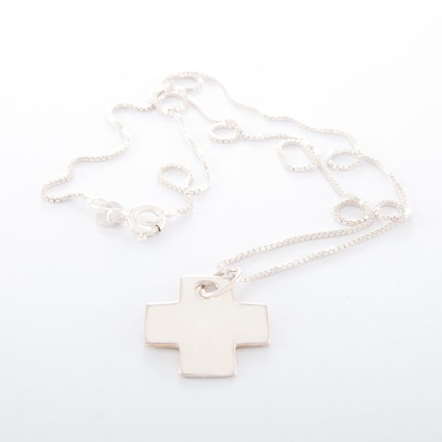 Sterling Silver Box Chain Necklace with Small Flat Cross