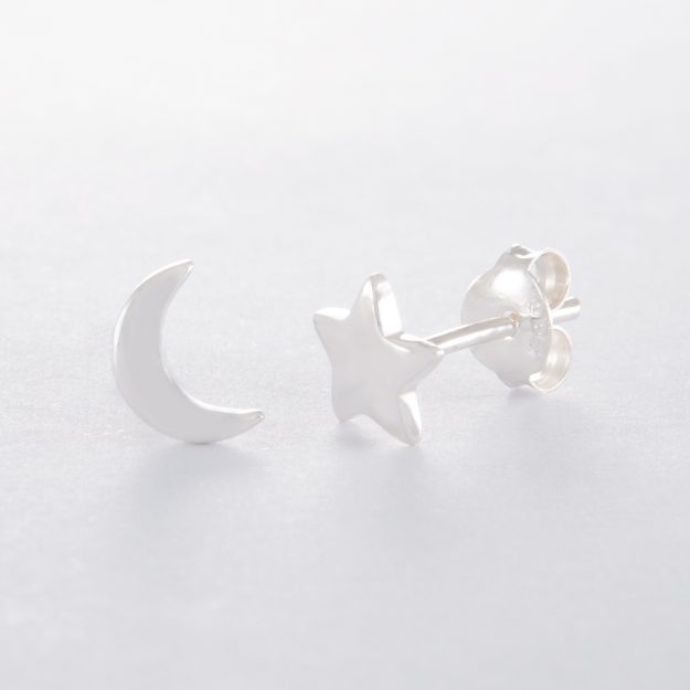 Sterling Silver Star and Moon Stud Earrings