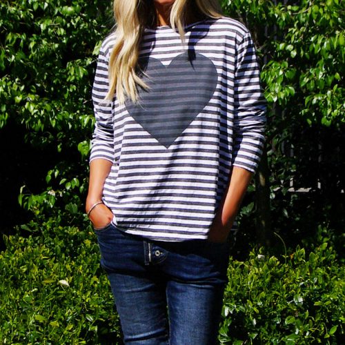 Love Heart Long Sleeve Vintage Grey Stripe T-Shirt.
