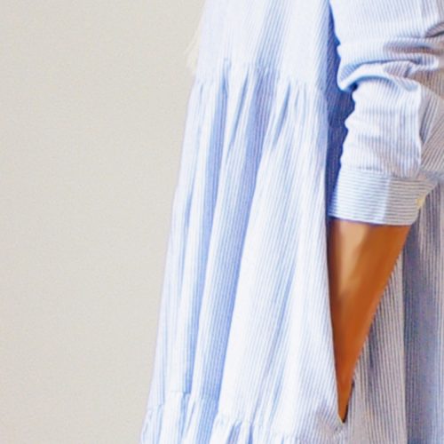 Cate Pale Blue and White Stripe Cotton Dress (Detail).