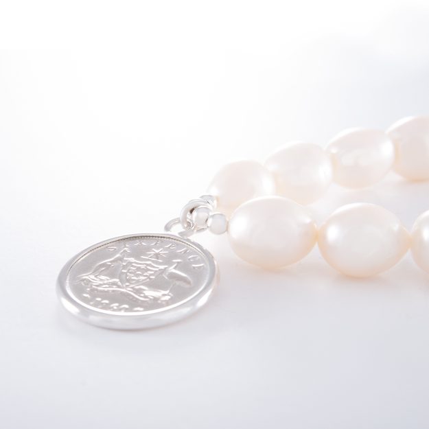 Freshwater Pearl Elastic Bracelet with Sterling Silver Sixpence