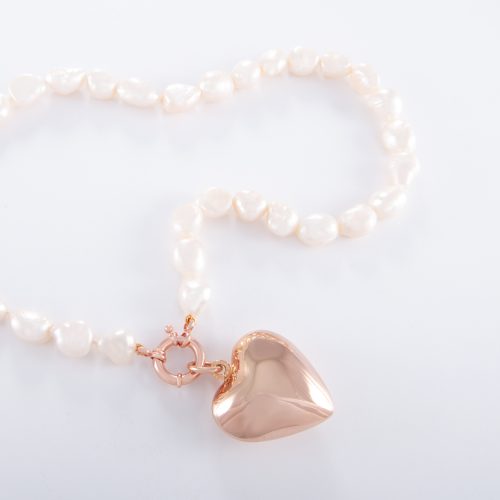 Freshwater Pearl Sterling Silver Rose Gold Plated Puffed Heart Necklace. Shown here, with a handcrafted pink gold over 925 sterling charm and bolt clasp.