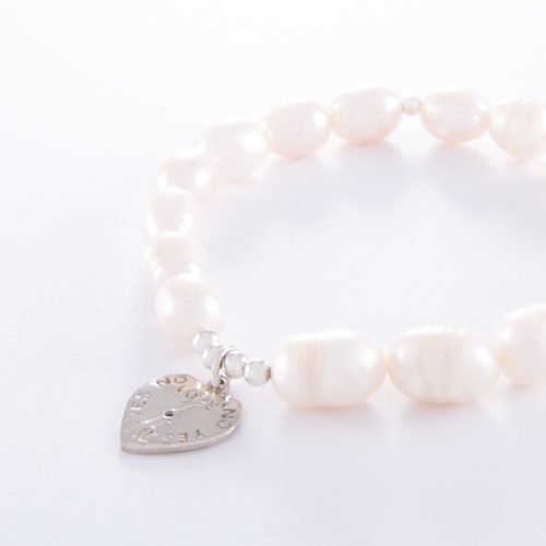 Freshwater Pearl Sterling Silver Flat Love Yes Elastic Bracelet