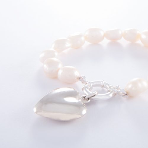 Freshwater Pearl Sterling Silver Puffed Heart Bracelet.