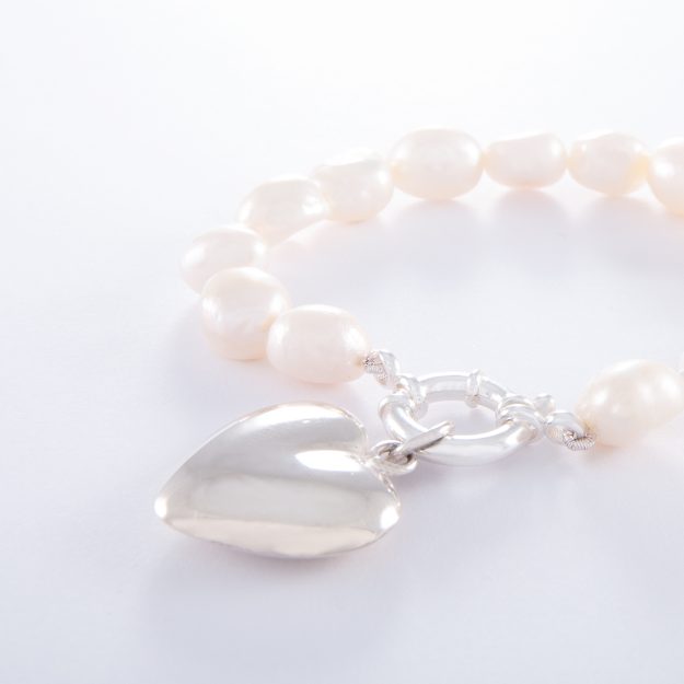 Freshwater Pearl Sterling Silver Puffed Heart Bracelet